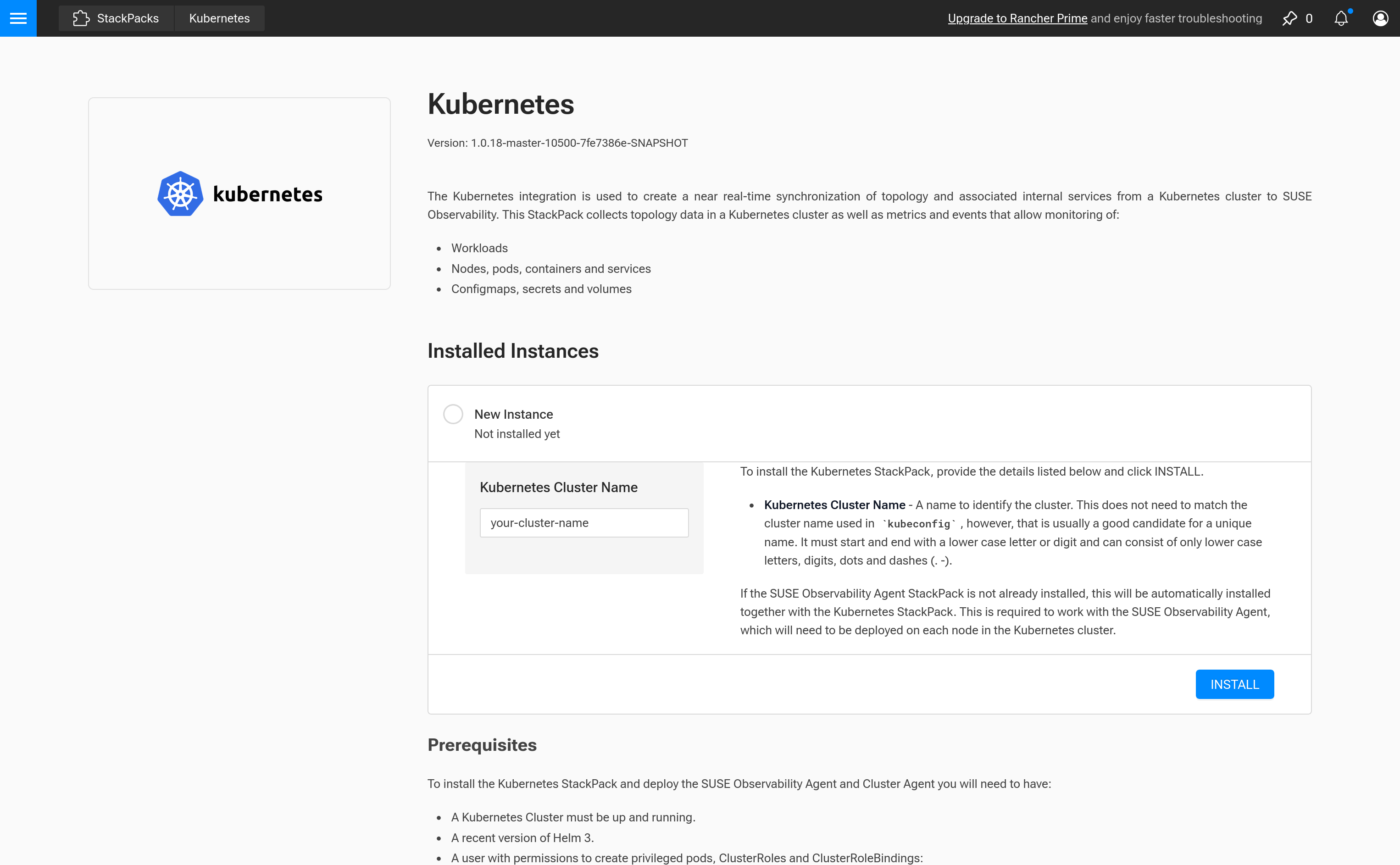 Screenshot of Kubernetes StackPacks in SUSE Observability