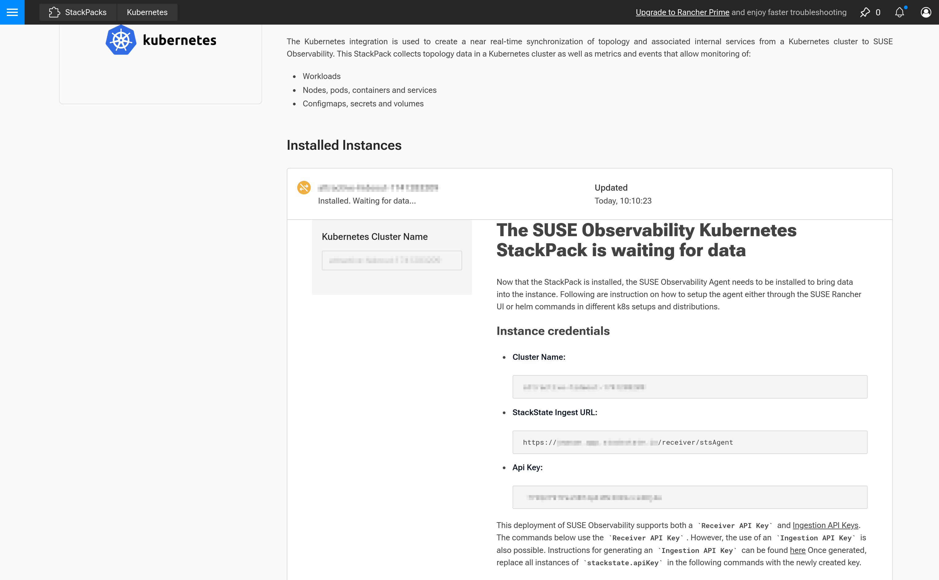 Screenshot of Kubernetes StackPacks in SUSE Observability waiting for data