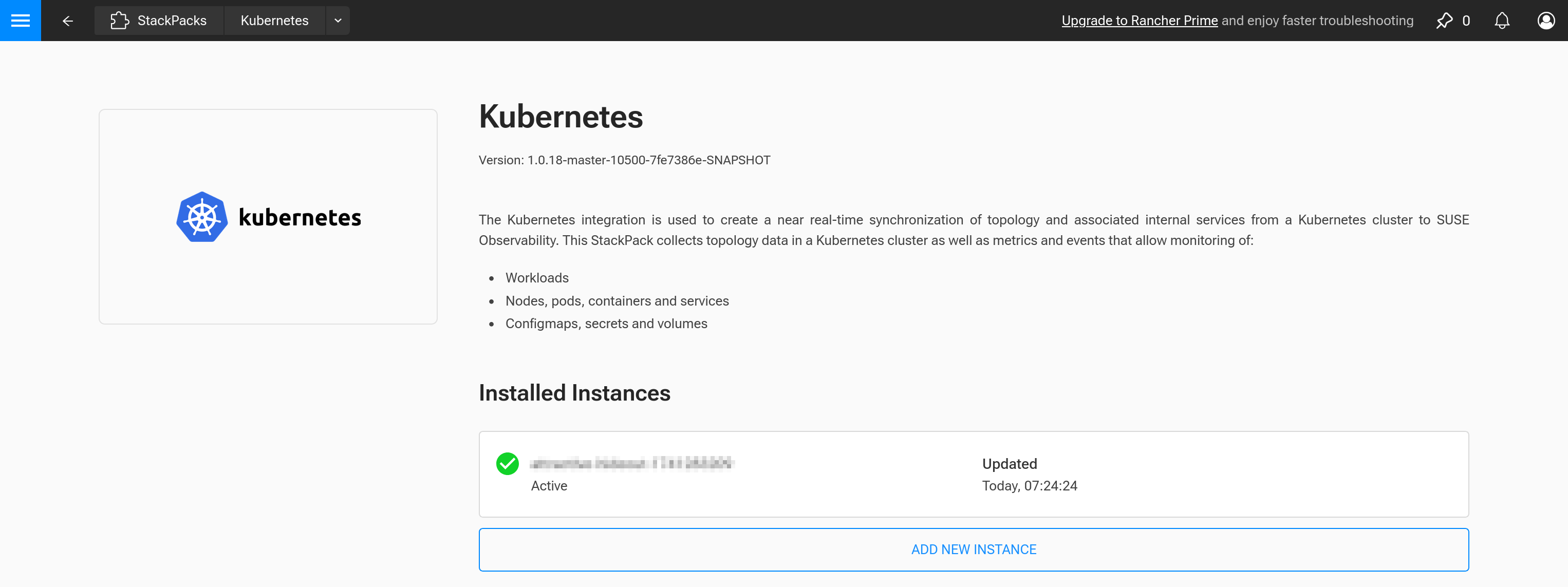 Screenshot of Kubernetes StackPacks in SUSE Observability, now active
